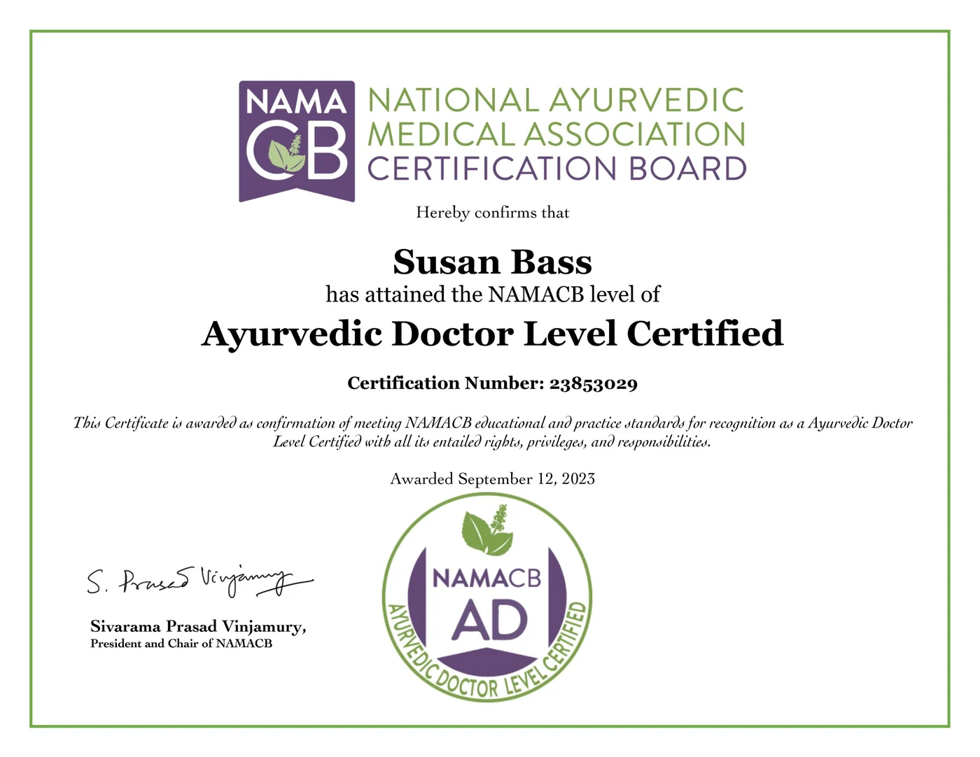 National Ayurvedic Medical Association Certification Board certificate confirming Susan Bass as Ayurvedic Doctor Level Certified, awarded September 12, 2023